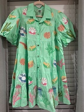 QUEEN OF SPARKLES Mint Green Embroidered Seashell Tiered Dress